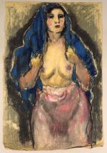 Pierre COMBET-DESCOMBES (1885-1966). 
Modèle au buste nu, un châle bleu...