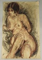 Pierre COMBET-DESCOMBES (1885-1966). 
Femme nue aux bas, assise dans un...