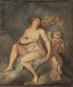 ECOLE FRANCAISE du XIXème siècle. "Femme et Cupidon". Huile sur...
