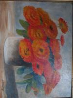 *École Moderne,  "Vase de fleurs oranges", huile sur isorel,...