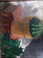 *École Moderne. "Pot de cactus et livres", huile sur carton,...