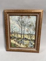 Paulette GENET (1892-1983), "Paysage de forêt", Huile sur carton signée...