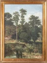 Hector ALLEMAND (1809-1886). "Le repos sous les arbres, 1850". Huile...