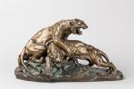 Édouard Drouot (1859-1945)
" Combat de lionnes "
Groupe en bronze à...