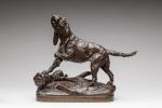 Prosper Lecourtier (1851-1924)
" Chien griffon "
Bronze à patine brune nuancée....