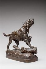 Prosper Lecourtier (1851-1924)
" Chien griffon "
Bronze à patine brune nuancée....