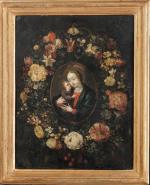 ECOLE FLAMANDE XVIIème siècle. Vierge à l'Enfant dans un médaillon...