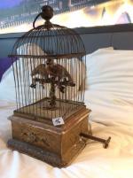 Oiseau-siffleur, rare et beau dans sa cage métal sur socle...
