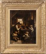 Edouard D'APVRIL (1843-1928). "Le repas en famille". Huile sur panneau....