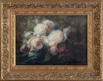 Jacques Florent BERRUET (1842-1911). "Composition aux roses". Huile sur panneau,...