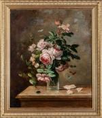 Blanche JAILLET DUMALLE (XXème siècle). "Vase de roses, papillons et...