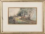 Laurent GUETTAL (1841-1892). "Rochers en forêt, 1887". Aquarelle, signée en...