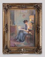 *Delphin ENJOLRAS (1857-1945). "La lecture sous la lampe". Pastel sur...