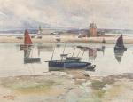 Eugène VILLON (1879-1951). "Bateaux à marée basse, 1909". Aquarelle sur...