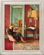 Adolphe DETEIX (1892-1967). "Femme de l'artiste, lisant dans son intérieur"....