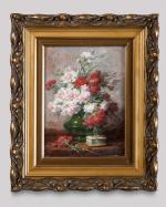 Berthe COSTADAU (XIXème-XXème siècle). "Vase d'oeillets" et "Chaudron de roses"....
