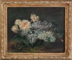B. MERLIN (XIXème siècle). "Branches de lilas et roses". Huile...