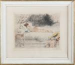 Antoine CALBET (1860-1944). "Femme nue endormie". Gravure en couleurs, signée...
