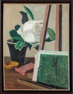 Pierre PELLOUX (1903-1975). " Le magnolia blanc au chevalet, 1948 ". Huile...
