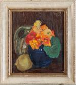 Pierre PELLOUX (1903-1975). "Cruche, citron et vase de fleurs". Huile...