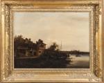Antoine GUINDRAND (1801-1843). Bord de lac animé. Huile sur toile....