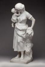 Mathurin Moreau (1822-1912), « Paysanne et son enfant ». Important marbre. Signé....