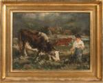 ECOLE FRANCAISE XIXème siècle. Paysage animé d'un vacher. Huile sur...
