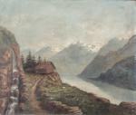 F. CASTEX (XIX-XXème). Lac de montagne animé. Huile sur toile....