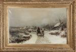 Théodore LEVIGNE (1848-1912). "Sortie du village en hiver, 1886". Huile...