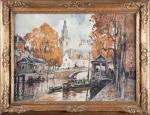 Eugène VILLON (1879-1951). "Automne sur les canaux à Amsterdam". Aquarelle...