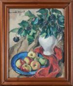Henriette MOREL (1884-1956). "Bouquet de lierre et coupe de pommes"....