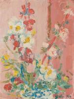 Micheline COLIN (née en 1925). Fleurs sur la table. Huile...