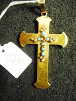 Croix ancienne en or jaune ornée de perles et de...