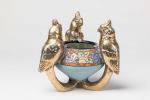 AMPHORA, Vase en céramique polychrome à décor de trois perruches...