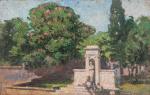 Honoré CAVAROC (1846-1930).Monument dans un parc. Huile sur pannau. 26x41...