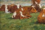 Eugène BOUDIN (1824-1898). Vaches au paturage, circa 1880-1885. Huile sur...
