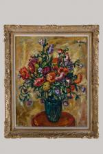 Marcelle BOTTON (1900-1978). Vase de fleurs, 1951. Huile sur toile....