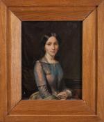 Pierre BONIROTTE (1811-1891). Portrait de jeune femme en robe bleue....