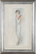 Édouard CHIMOT (1880-1959), Élégante en robe de soirée, Crayon et fusain...