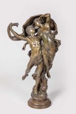 Eugène MARIOTON(1857-1933), La danse, Groupe en bronze à patine brune nuancée....