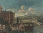 ECOLE ITALIENNE du XVIIIe siècle, Paysage à la fontaine. Huile...